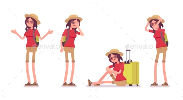 Tourist Woman Negative Emotions Set - Travel Conceptual