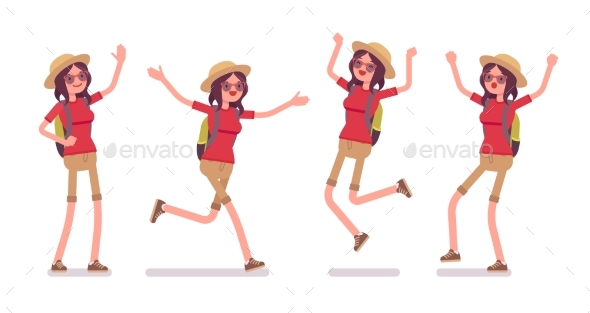 Tourist Woman Positive Emotions Set - Travel Conceptual