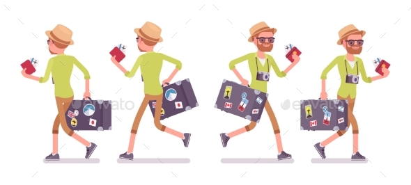 Tourist Man with Luggage Walking and Running - Travel Conceptual