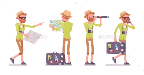 Tourist Man in Trip Situations - Travel Conceptual