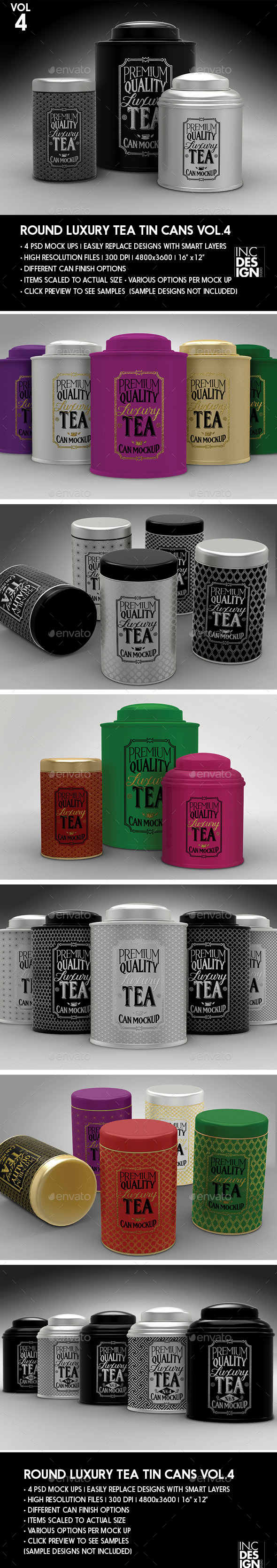 Round Luxury Tea Tin Cans Packaging Mock Ups