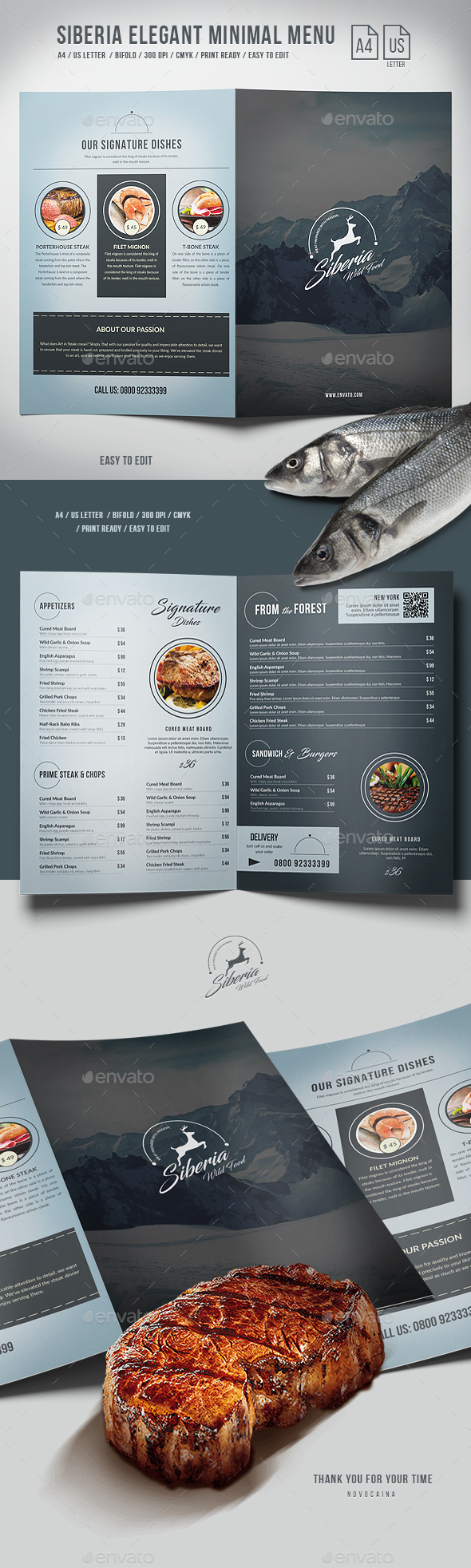 Siberia Elegant Minimal BiFold Menu - A4 and US Letter - Food Menus Print Templates
