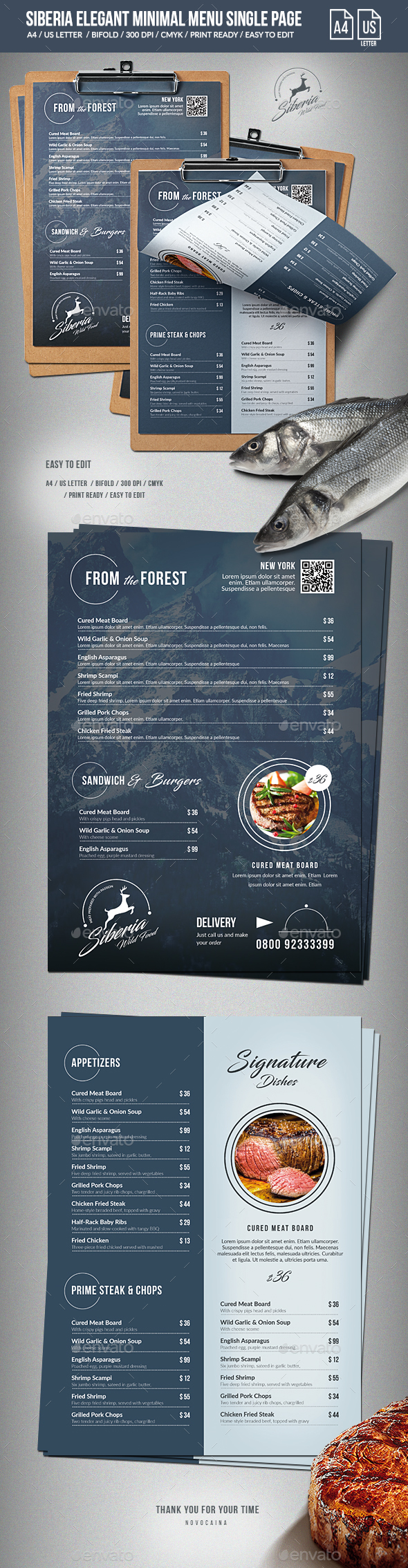 Siberia Elegant Minimal Menu - A4 and US Letter - Food Menus Print Templates
