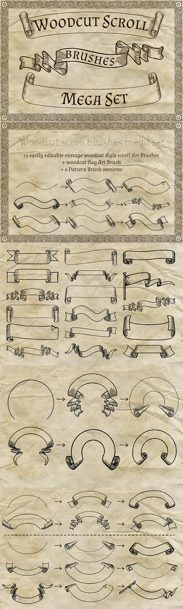 Woodcut Scroll Brushes Mega Set - Brushes Illustrator