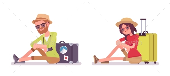 Tourist Man and Woman Sitting on the Floor - Travel Conceptual