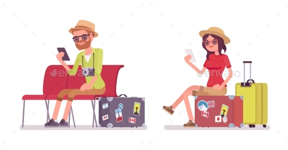 Tourist Man and Woman Sitting - Travel Conceptual