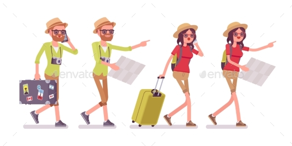 Tourist Man and Woman Walking with Map - Travel Conceptual