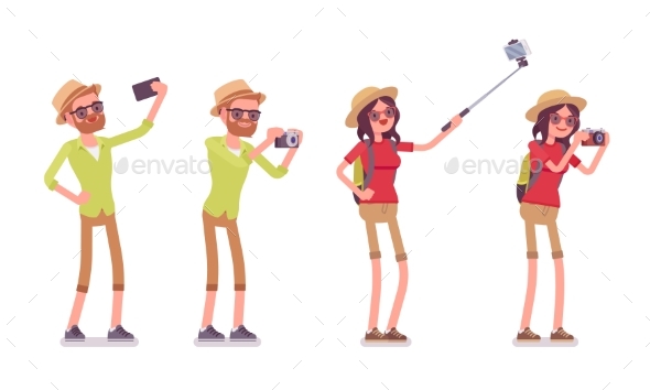 Tourist Man and Woman Taking Pictures - Travel Conceptual
