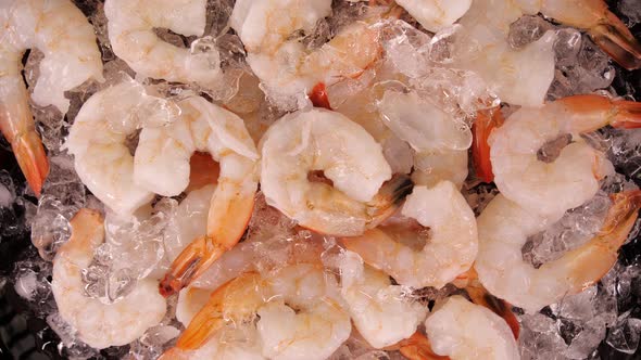 Shrimps on ice. Plate full of prawns on crushed ice, rotating. Concept: mediterranean diet, seafood