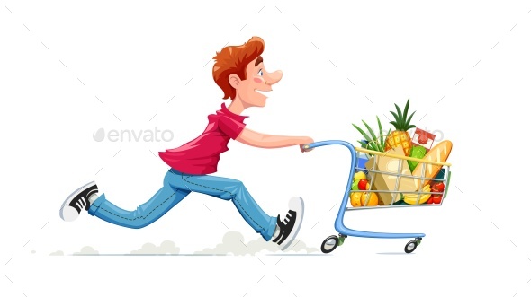 Running Boy with Product Cart. Shopping in Supermarket. - Vectors