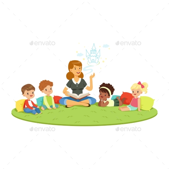 Teacher Reading a Fairytale to Kids While Sitting - People Characters