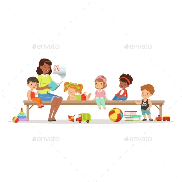 Teacher Reading a Book to Kids While Sitting - Miscellaneous Vectors