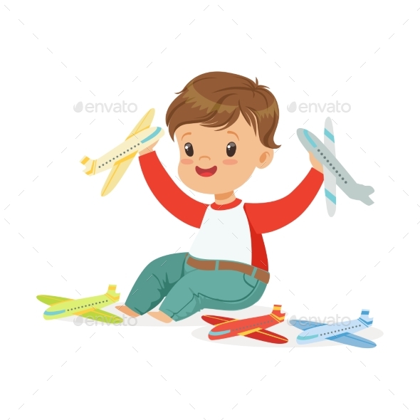 Boy Sitting on the Floor Playing with Airplanes - People Characters