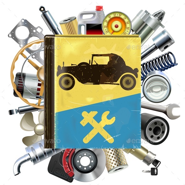 Vector Old Automobile Repair Book with Car Spares