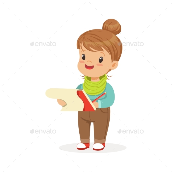 Girl Drawing with Pencil in Notebook - People Characters
