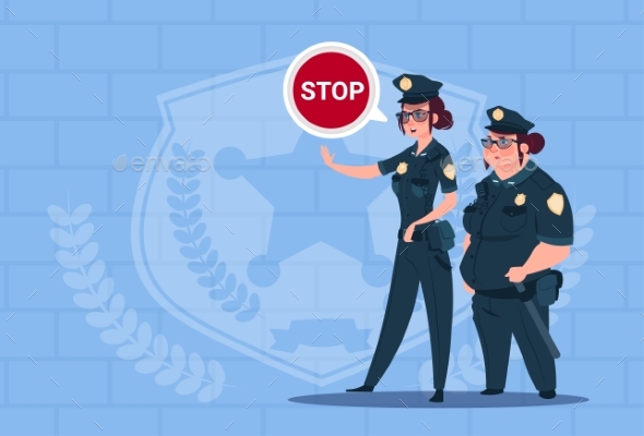 GraphicRiver Two Police Women Holding Stop Sign Wearing Uniform 20393186 GraphicRiver Two Police Women Holding Stop Sign Wearing Uniform 20393186