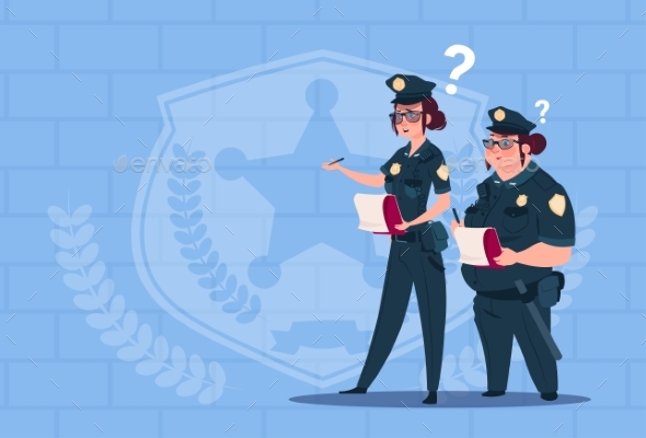 Two Police Women Holding Boxes with Office Staff - People Characters