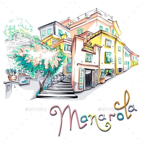 Vector Colorful Houses in Manarola, Ligury, Italy - Landscapes Nature
