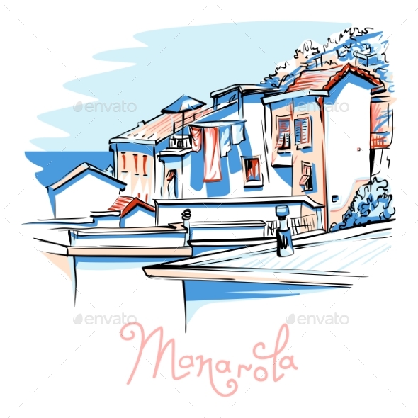 Vector Colorful Houses in Manarola, Ligury, Italy - Landscapes Nature