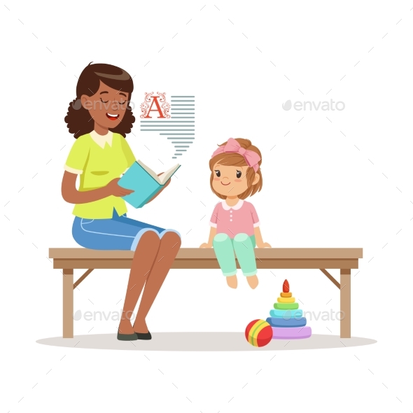 Teacher Reading a Book To Little Girl Sitting - Miscellaneous Vectors