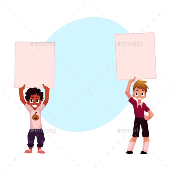 Two Kids Holding Blank Empty Posters, Boards - People Characters