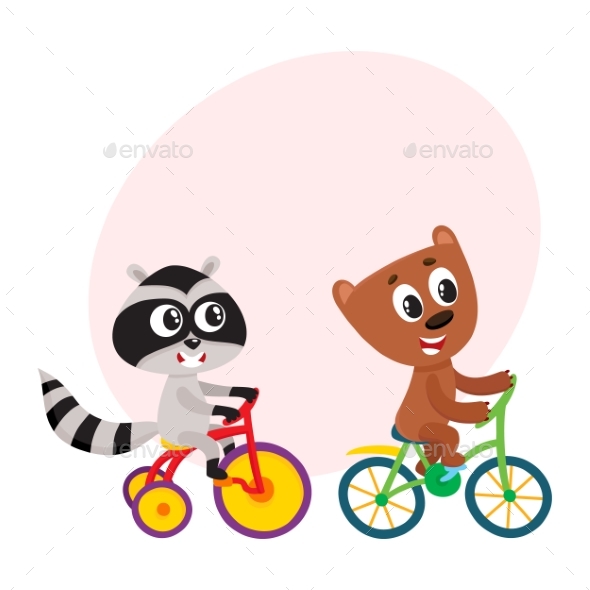 Raccoon and Bear Characters Riding