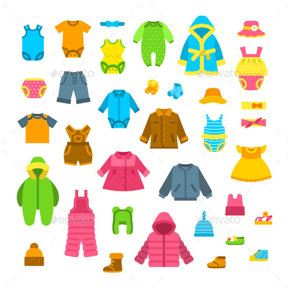 Baby Clothes Flat Illustrations Set - Man-made Objects Objects