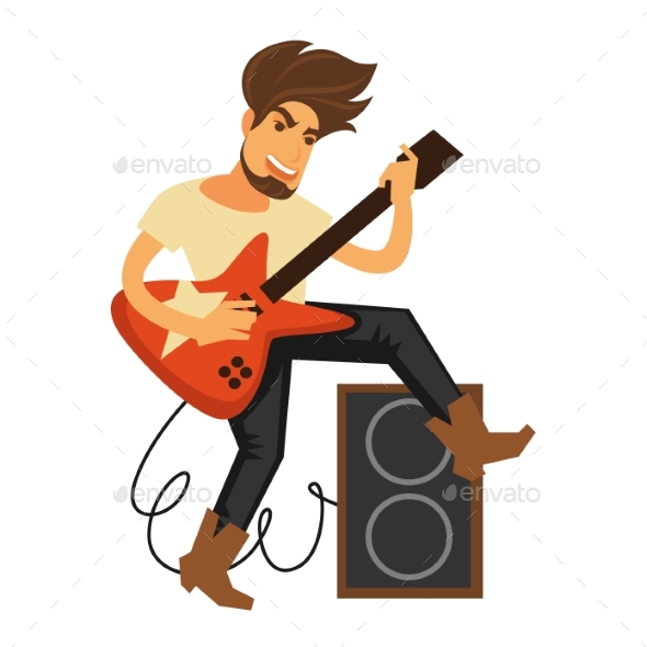 Rock Musician with Long Hair Plays Electric Guitar - People Characters