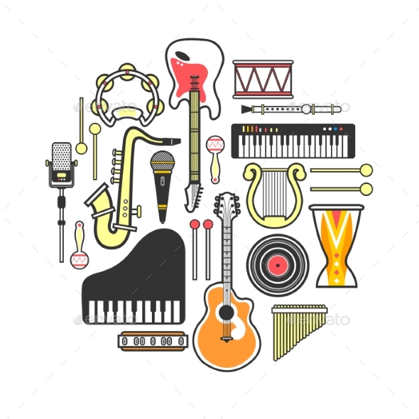 Musical Instruments Formed in Neat Circle Isolated - Objects Vectors
