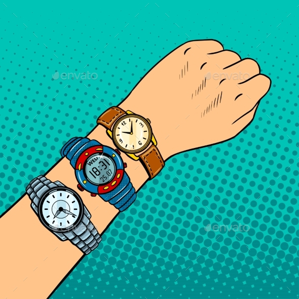 Hand with Wristwatch Pop Art Vector Illustration