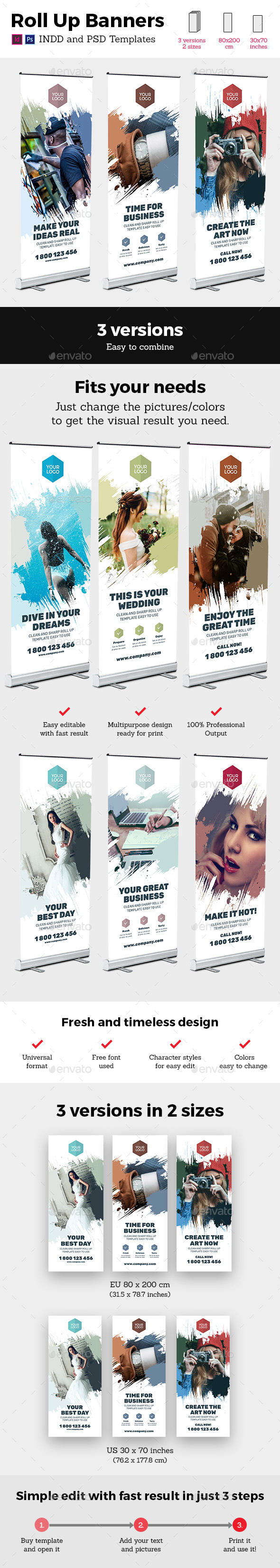Rollup Stand Banner Display Brush 3x InDesign and Photoshop Template - Signage Print Templates
