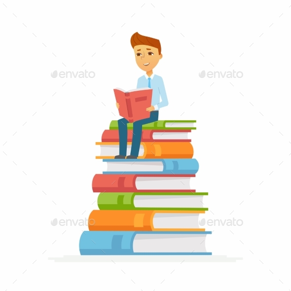 School Boy - Character of Happy Kid Sitting - People Characters