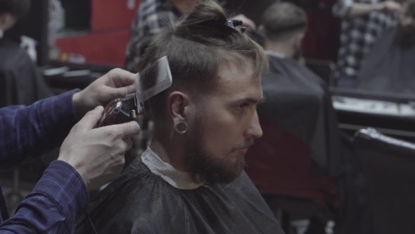 Barber Cuts the Hair of the Client with Trimmer in Barbershop