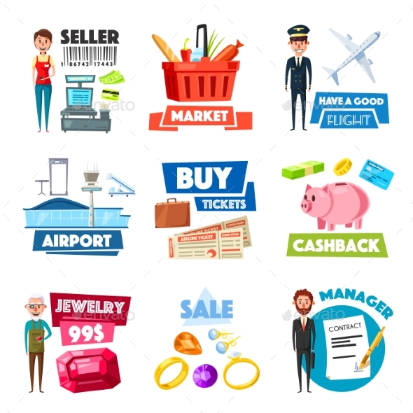 Vector Items of Selling, Jewelry and Finance Industry - People Characters