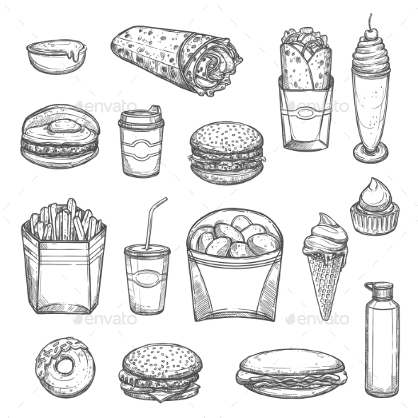 Vector Sketch Isolated Fast Food Icons - Food Objects