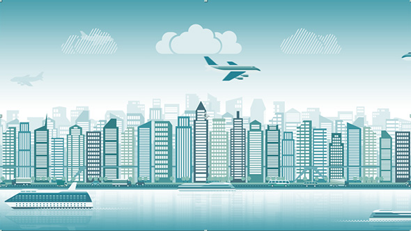 City Skyline with Traffic of Various Vehicles Car Airplane Train Ship