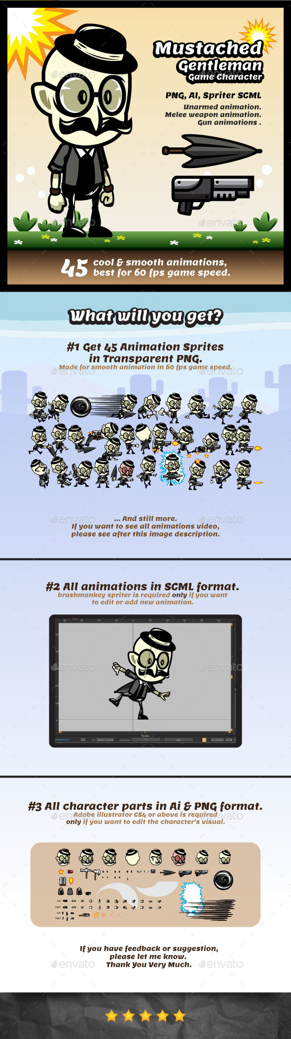 Mustache Gentleman Game Character Sprites - Sprites Game Assets