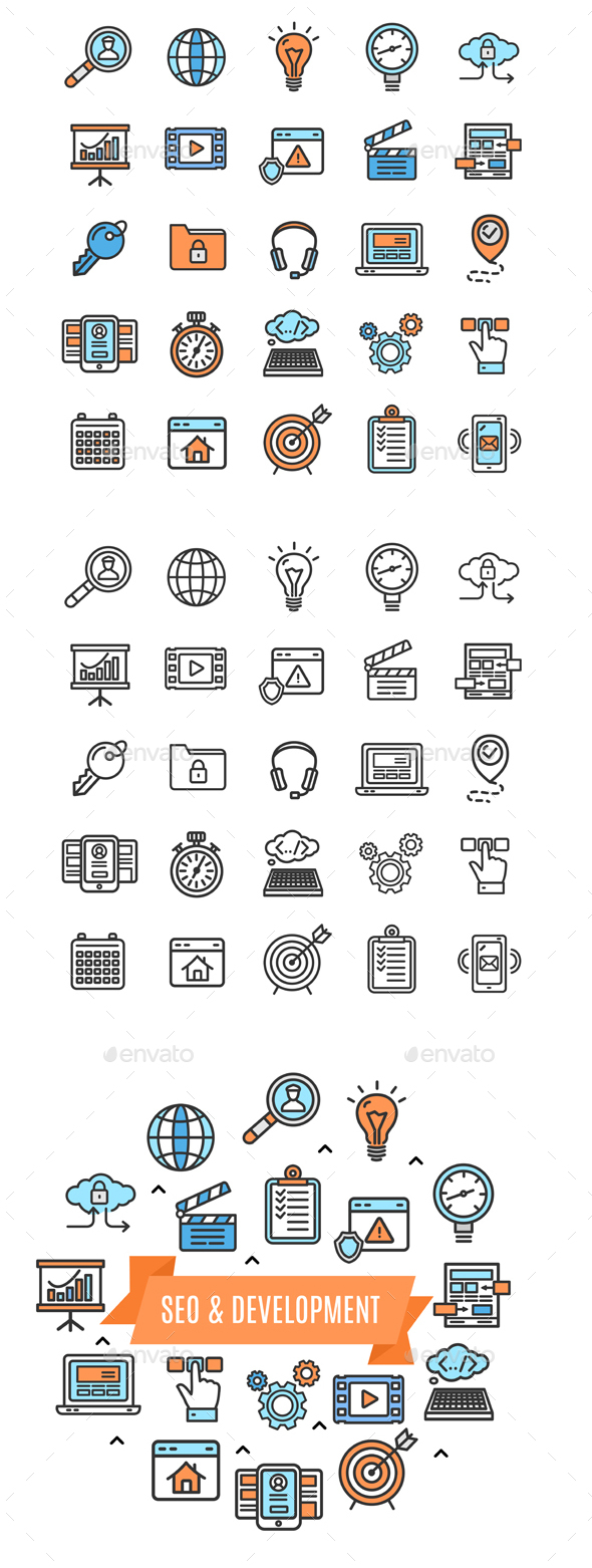 Search Engine Seo Color Thin Line Icon Set - Web Technology
