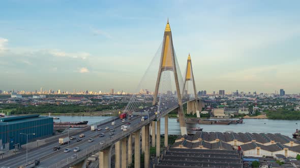 Time lapse of aerial view of Bhumibol Bridge and Chao Phraya River in structure alt