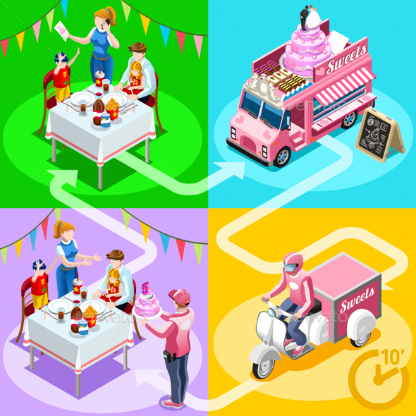 Food Truck Birthday Cake Home Delivery Vector Isometric People - Vectors