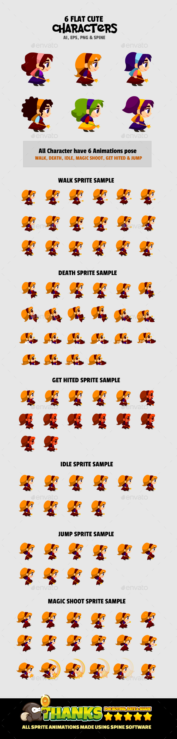 6 Flat Characters - Sprites Game Assets