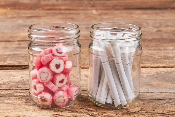 Jars with sweets and cigarettes