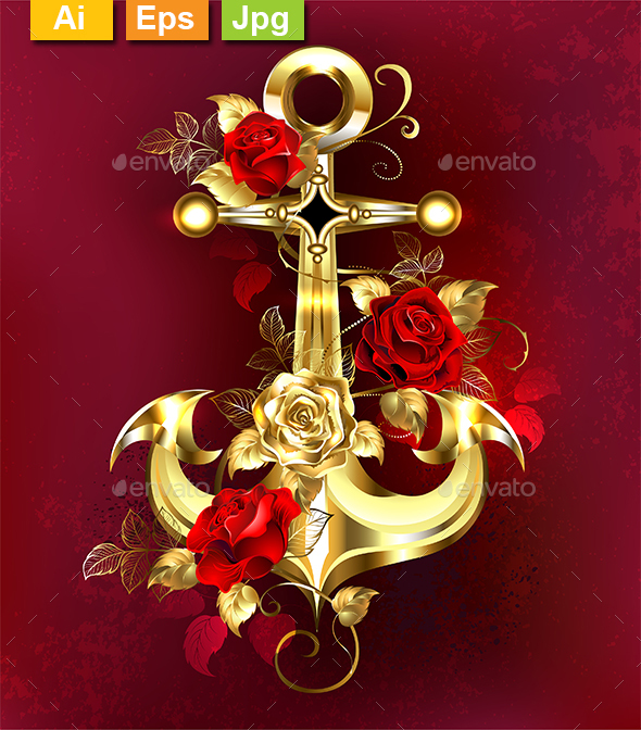 Golden Anchor with Roses - Decorative Symbols Decorative