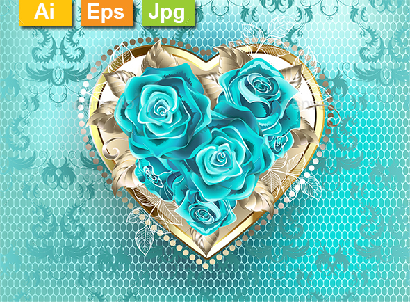 Jewelry Heart with Turquoise Roses - Decorative Symbols Decorative