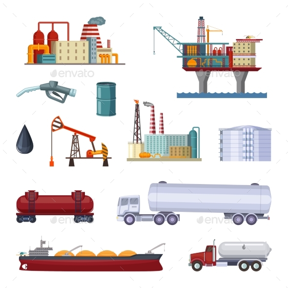 Oil Exploration. Petroleum Factory with Platforms - Buildings Objects