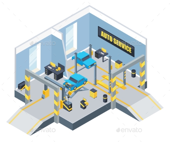 Interior of Auto Service with Different Tools - Miscellaneous Vectors