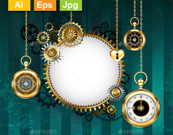 Round Mechanical Banner on Green Background - Borders Decorative