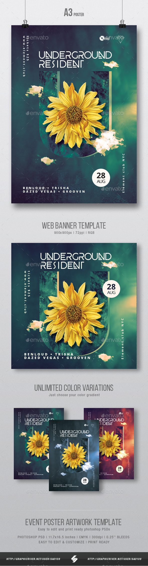 Underground Resident - Progressive Party Flyer / Poster Artwork Template A3 - Clubs & Parties Events