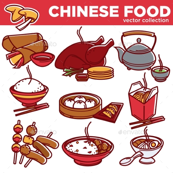 Chinese Cuisine Food Dishes Vector Flat Icons Set - Food Objects