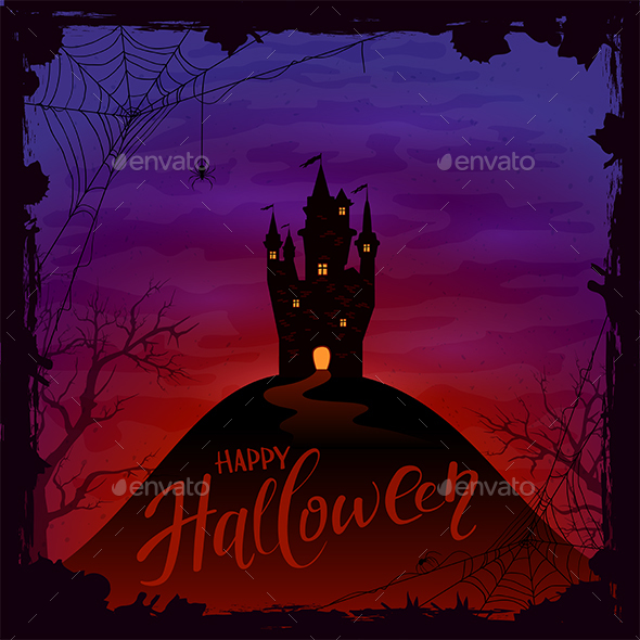 Halloween Background with Castle and Spiders